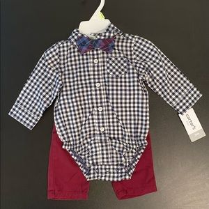 Carters- Dark blue button down with maroon pants and matching bow tie - 3months